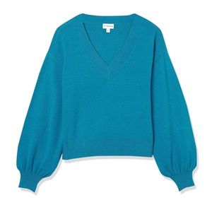 “The Drop” Mia Bell-Sleeve Blue Sapphire V-Neck Sweater